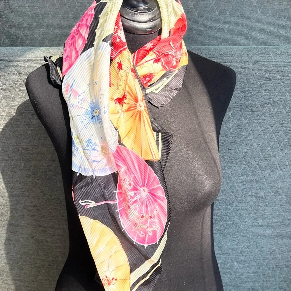Talbots 100% Silk Scarf – Black with Multi-Colored Floral Parasols, Like New
